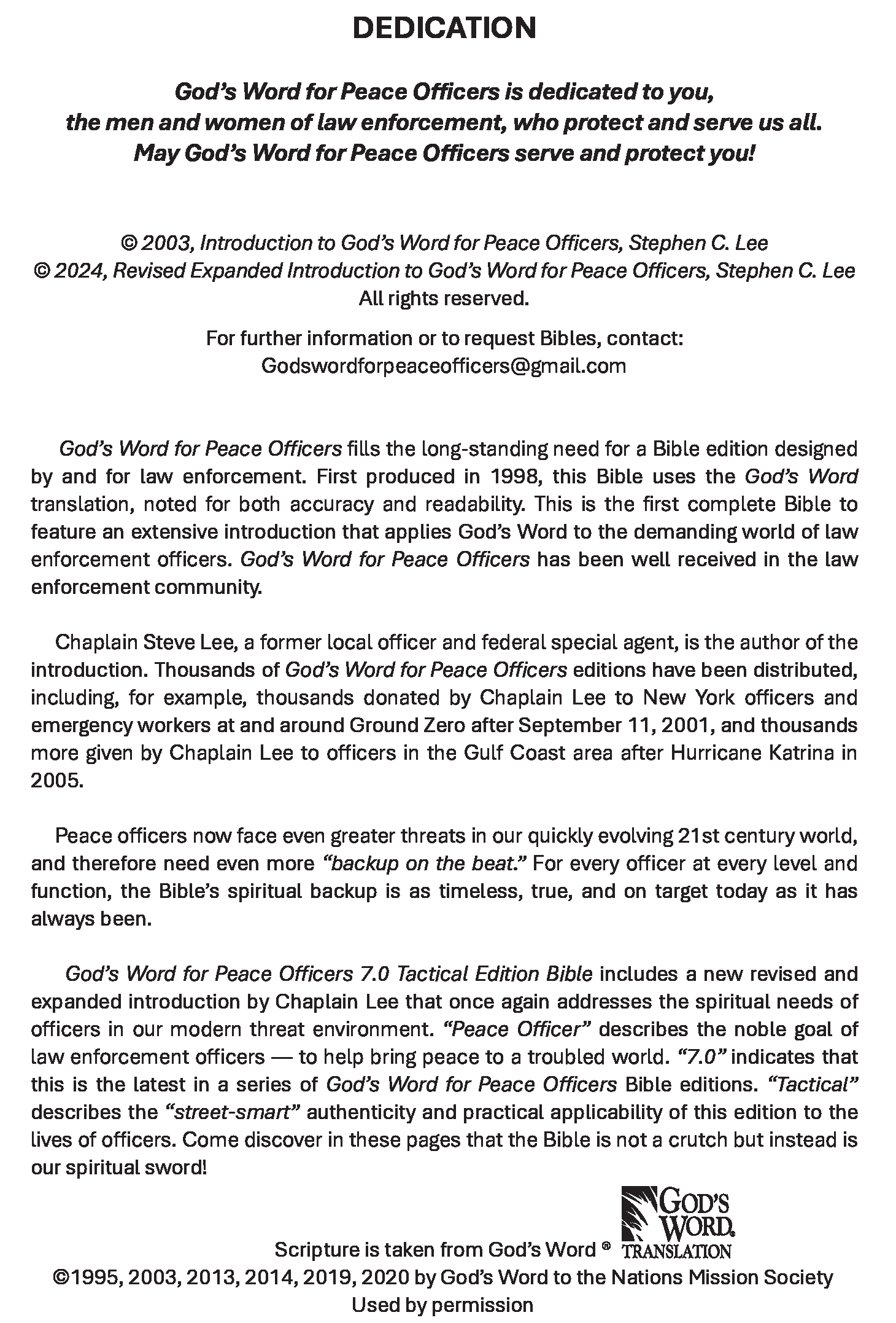 GWFPO Dedication Page